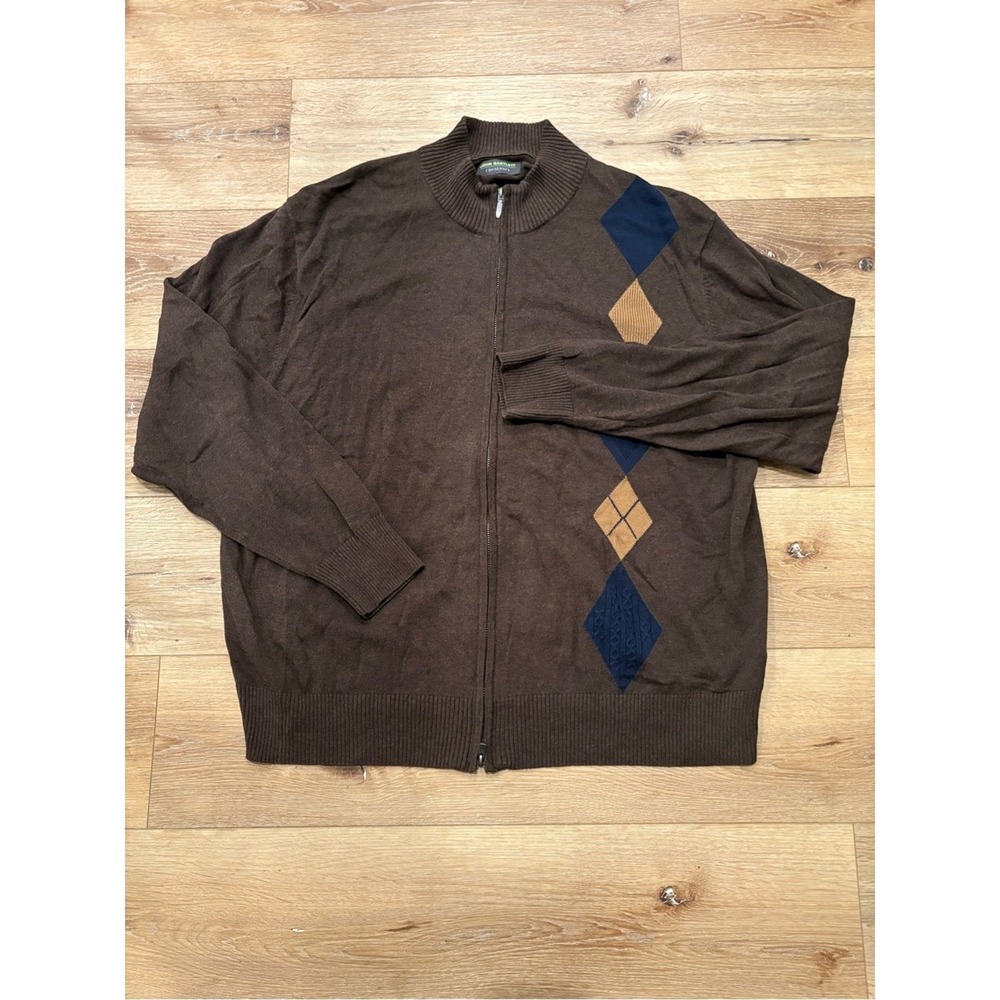 John Bartlett Consensus Men's Brown Full-Zip Argyle Sweater - Brown/Navy Size XL